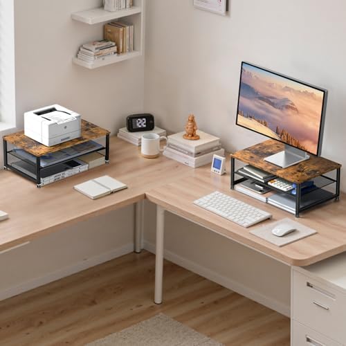 ECOLOVI 2-Tier Computer Monitor Stand Riser, Printer & Laptop Stand, Office Desk Accessories, Workspace Desk Organizer for Home Office Supplies, Brown - Image 5