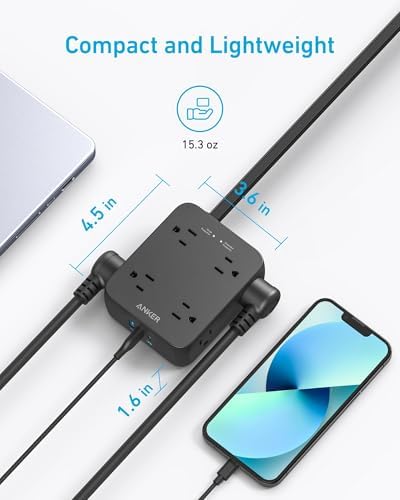 Anker Power Strip with 2000J Surge Protector, 5ft Outlet Extender, 20W, 8AC - Image 4