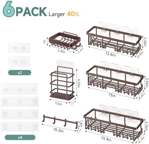 Veken Shower Caddy 6-Pack with Hooks, Bathroom Organizers & Storage, Brown - Image 6