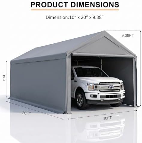 Carport 10x20 Ft Heavy Duty Canopy Steel Canopy Storage Shed,Portable Party Tent,Portable Garage with Removable Sidewalls & Doors All-Season Tarp for Carport Grey - Image 2