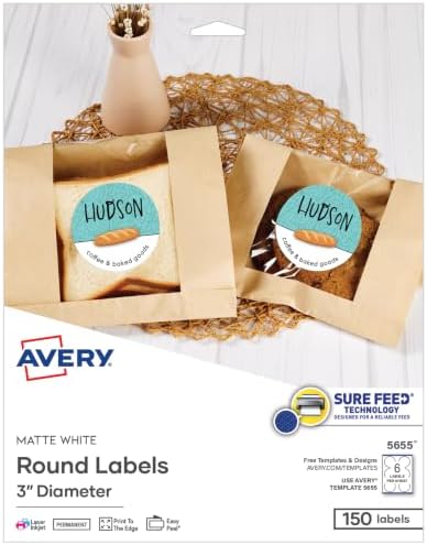 Avery® Printable Round Labels, Sure Feed® Technology, 3" Diameter, Matte White, Permanent Adhesive, Laser/Inkjet Printable, 150 Blank Labels, Great for Product Merchandising, Favors, and More (5655) by Avery