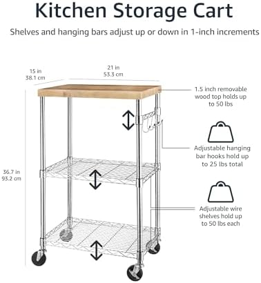 Amazon Basics Portable Kitchen 3-Tier Storage Rack on Caster Wheels with Adjustable 2 Shelves, 175 Pound Capacity, 21 x 15 x 36.7 inches (LxWxH), Wood/Chrome - Image 4