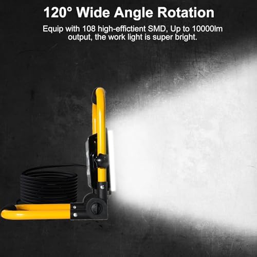 10000LM LED Work Light, 100W 6500K Portable Work Light with Stand, IP66 Waterproof Flood Light with 13.1FT Cord, Construction Lighting for Job Site Repairing Workshop Garage, Gifts for Men - Image 4