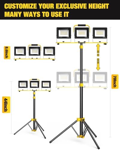 Upgraded LED Work Lights with Stand, 21000 Lumen, 3-Head Adjustable Work Light, Waterproof Foldable Tripod, Extended Cord for Outdoor & Indoor Job Sites, Workshops, Construction, Garage Lighting - Image 2
