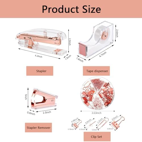 suniya Office Supplies Rose Gold Desk Accessories Set Office Supplies Kit with Stapler, Tape Dispenser, Scissors, Staple Remover, Ballpoint Pen, Clear Tape & Staples – Best Gift for Business or Boss - Image 5