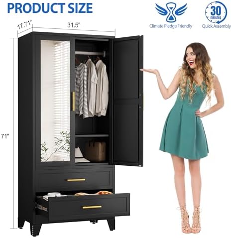 GAIOUS Steel Armoire Wardrobe Closet with Mirror and 2 Drawers 71" Black - Image 2