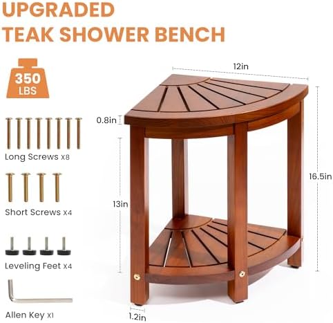 Axeman Space-Saving Teak Shower Stool with Storage Shelf - 12" Corner Shower Bench for Small Spaces - Waterproof 2-Tier Design for Shaving, Bathing & More (350lb Capacity) - Image 4