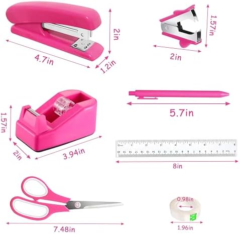 Dimonluce Hot Pink Desk Accessories, Hot Pink Office Supplies Accessories with Tape Dispenser, Stapler, Staple Remover, 1000 Staples, Tape, Clips Set, Ruler, Scissor, Pen - Image 5