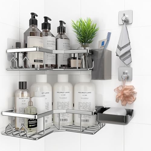 Adhesive Shower Caddy, 6 Pack Corner Bath Organizer, Rustproof Stainless Steel Shower Shelves with Large Capacity, No Drilling Shelves for Bathroom Storage, Home, Kitchen Decor (Silver). by Unknown