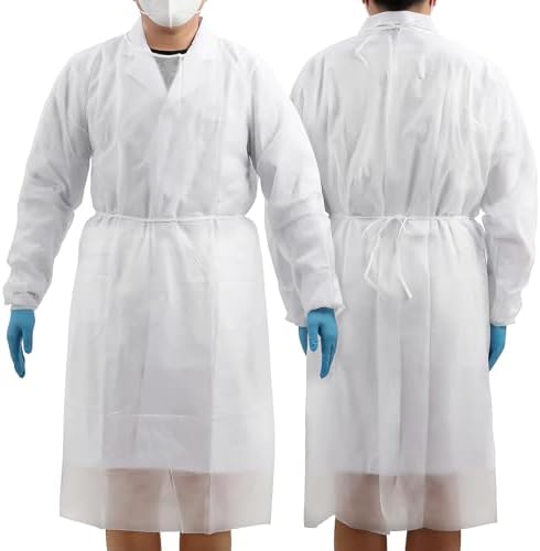 JMU 10 Pack Disposable Isolation Gowns White, Long PPE Medical Gowns by JMU