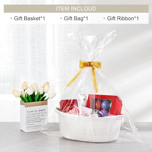 LANDNEOO Small Woven Basket with Gift Bags and Ribbons, Empty Decorative Gift Chest Box, Cute Baby Gift Basket for Nursery, Cotton Rope Room Shelf Storage Basket with Handles, 12"x 8"x 5",White - Image 2
