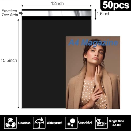 JinRuiKJ Poly Mailers 12x15.5 Inch, 50 Pcs Shipping Bags, Black - Image 2