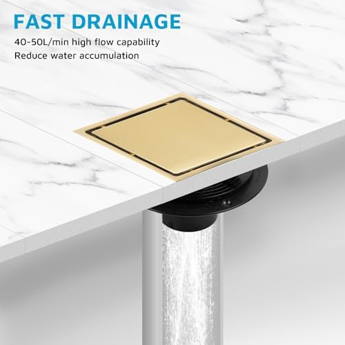 Square Shower Drain with Flange, 6 Inch, Brushed Gold, 2-in-1 Grate - Image 7