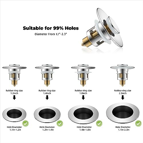 Hibbent 2 Pack All Metal Universal Bathroom Sink Stopper for 1.1''~2.3'' Basin, Pop Up Sink Drain Strainer, Brass Bullet Core Push Type Stopper, Stainless Steel Anti Clogging Drain Filter, Chrome - Image 2