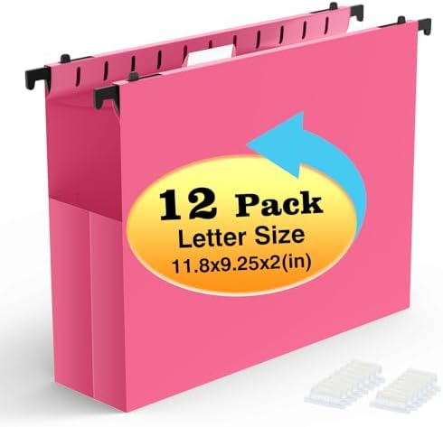 SHUTEX Extra Capacity Plastic Hanging File Folders, 12 Pack, Letter, Pink by Shutex