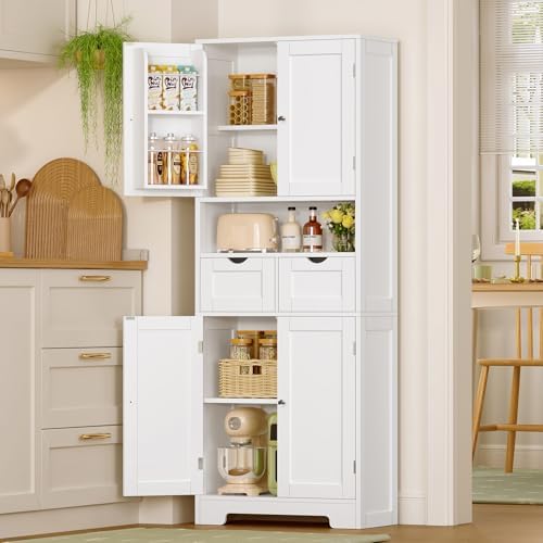 Kitchen Pantry Cabinet with 2 Drawers &4 Door Shelves, Tall Storage Cabinet by TEENFON