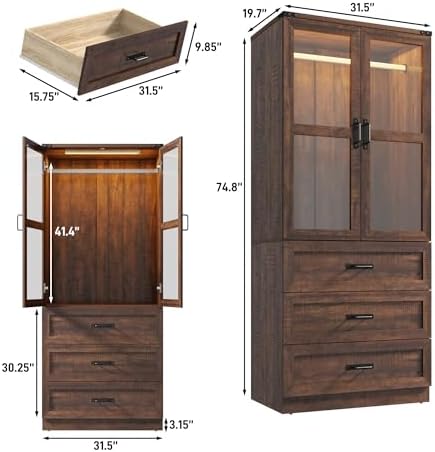 75" Tall Farmhouse 2 Doors Armoire Wardrobe Closet with 3 Drawers and LED,Freestanding Closet Wardrobe Cabinet for Bedroom with Hanging Rod,Wooden Armoire Storage Cabinet with Adjustable shelve(Brown) - Image 2