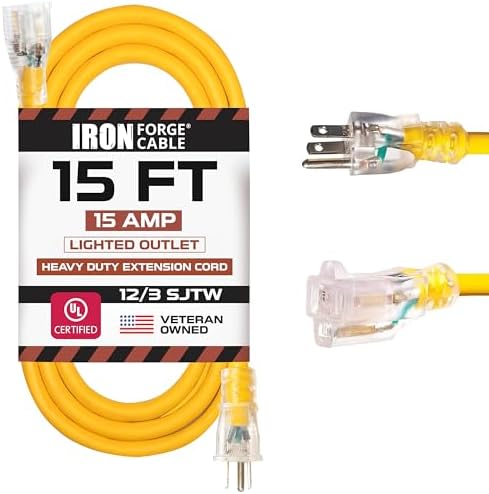 IRON FORGE CABLE 15 Foot Lighted Outdoor Extension Cord - 12/3 SJTW Heavy Duty Yellow Extension Cable with 3 Prong Grounded Plug for Safety, 15 AMP - Great for Garden and Major Appliances by IronForgeCable