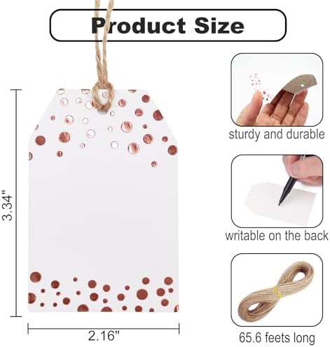 100Pcs Rose Gold Gift Tags with String Attached, ASYEHJNR Foil Rose Gold Dot Large Gift Bag Tags Presents with 65 FT Jute Twine, White Paper Gift Tags for Baby Shower, Wedding, Birthday Gift Wrap Tags - Image 2