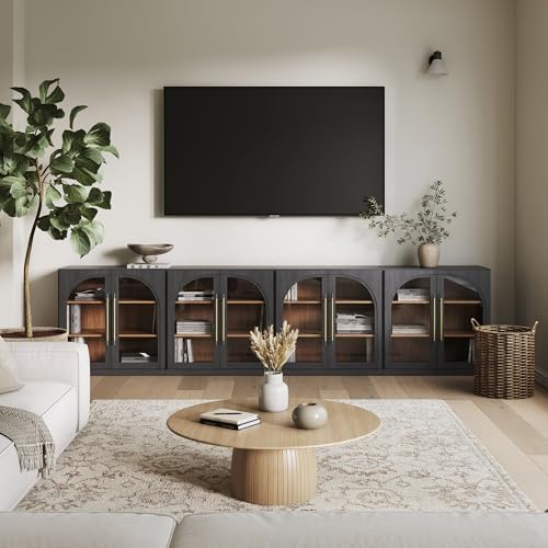 BELLEZE Set of 4 Modular Sideboard with Arched Glass Door, 130'' Accent Buffet Cabinet with Storage and Adjustable Shelves,Classic Modern Credenza for Living Room Kitchen Entryway (Ebony) - Image 5