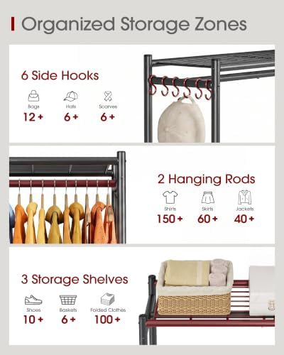 Sakugi Clothes Rack - 33.0" x 12.2" x 79.5" Clothing Rack with Shelves & Wheels, Multi-Functional Wardrobe Closet with Hooks, Sturdy Metal Garment Rack for Bedroom, Laundry, Balcony (Black) - Image 4