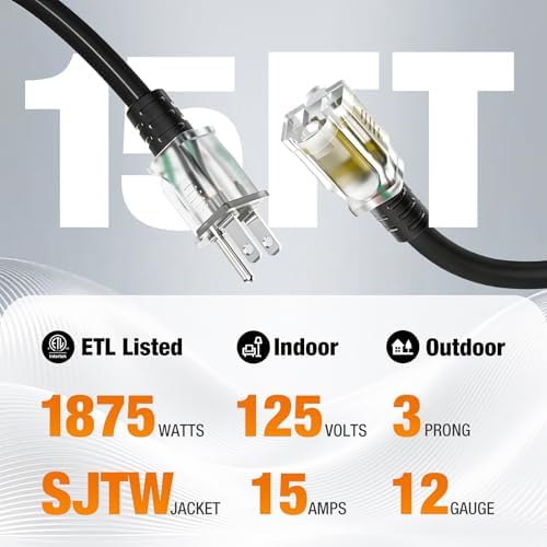 12/3 Gauge Outdoor Extension Cord 15 FT Heavy Duty Waterproof Black(2Pack) - Image 2