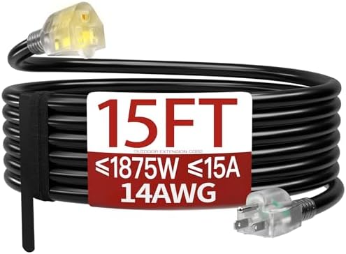 Skrizcable 14/3 15 FT Extension Cord Outdoor, Black Power Cord by Skrizcable