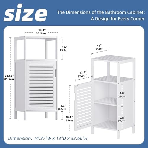 HITNET Bamboo Bathroom Storage Cabinet, 4 Tier Small White Floor Cabinet with Single Door, Free Standing Slim Narrow Storage Organizer for Living Room Entryway - Image 3