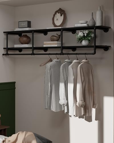 Wall Mounted Clothes Rack 12 Inch Deep, 72 Inch Heavy Duty Garment Rack with Real Black Wood Shelf, Multi-Purpose Hanging Rod & Space-Saving Closet Storage Organizer by INDUSTRIALSHELVESDESIGN