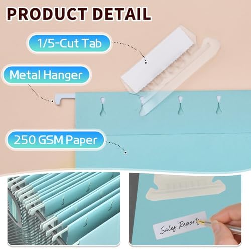 25-Pack Hanging File Folders, Letter Size, Includes 35 Transparent Label Cards & 50 Sticker Labels,1/5-Cut Tabs for Home & Office Organization(Light Blue) - Image 3