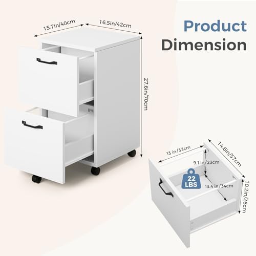 DUMOS 2 Drawer Storage Cabinet, Rolling Under Desk Storage, White - Image 3