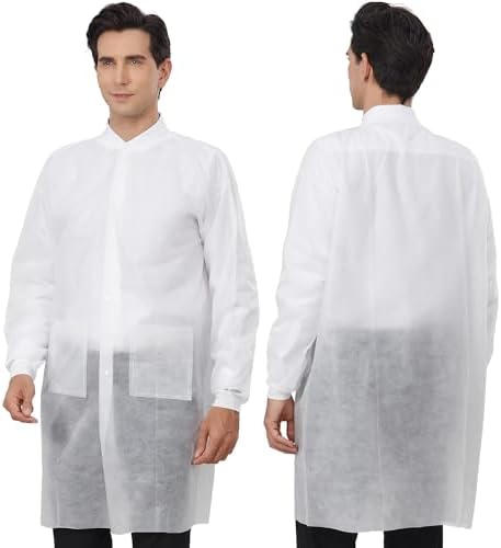 Greenour Disposable Lab Coats 10-Pack White 3 Pockets Knitted Cuffs S-2XL by Greenour