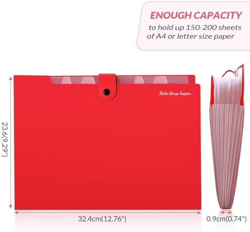 SKYDUE 8 Pockets Expanding File Organizer, Expandable File Folders with Pockets, Portable Document Paper Organizer, A4 Letter Size Filing Folder, Snap Closure, Red - Image 3