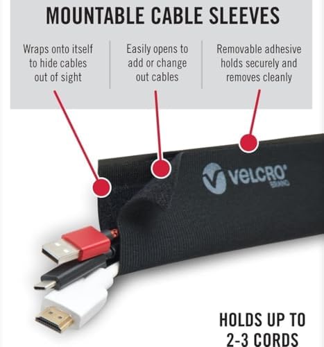 VELCRO Brand Complete Desk Cable Management Kit | 8in Mountable Cable Sleeve 2pk + 150pk Reusable Cable Ties + Desk & Nightstand Cord Organizer | Black, Damage-Free Mounting - Image 2