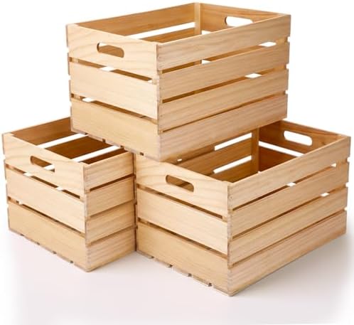 Weysat 3 Pack Large Wood Crates Box for Storage 24 x 15 x 12 inch Unassembled Wooden Milk Crates with Handle Decorative Nesting Box for Display Rustic Decor DIY Office Home Retail Art Craft (Wood) by Weysat