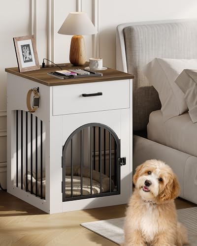CHOEZON Dog Crate Furniture, Wooden Dog Kennel with Charging Station and Storage Drawer, Indoor Pet Crate End Table for Small Breeds, Dog Cage for Living Room, Bedroom, White and Walnut MGW01UWL - Image 3