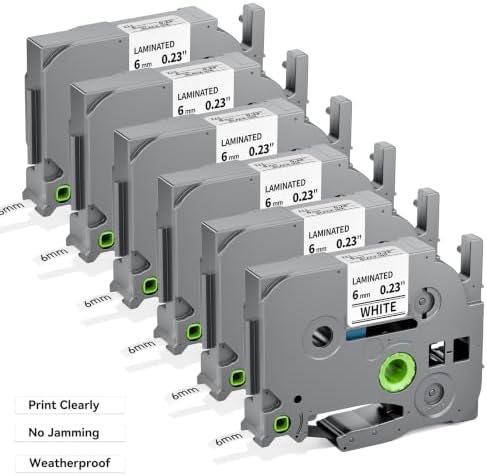6X Compatible for Brother Label Maker Tape 6mm 0.23 Laminated White TZe-211 by Freshworld
