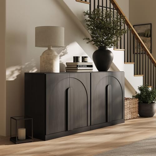 BELLEZE 2 Tier Bookshelf with Arched Wood Door, Set of 2 Modern Display Bookcase Shelf with Storage and Adjustable Shelves, 63" Wood Bookshelves for Living Room Office Entryway (Ebony) by BELLEZE