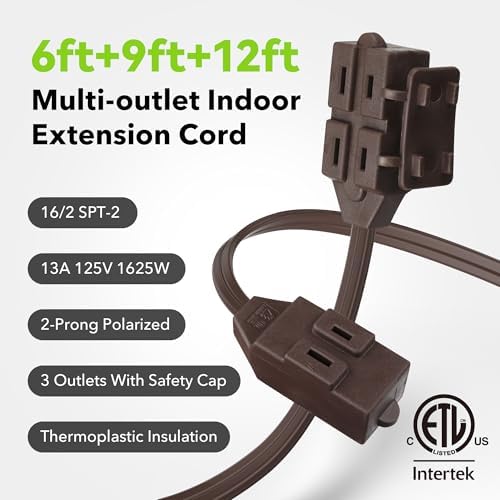 BN-LINK Indoor Extension Cord 6/9/12FT, 2 Prong Extension Cord Brown, 3-Outlet Polarized Flat Cable, 13A/1625W, Perfect for Homes, Offices, and Kitchens, Variety 3-Pack - Image 4