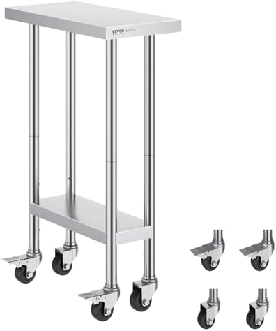 VEVOR Stainless Steel Work Table 24 x 12 x 38 Inch, 500 LBS Load Capacity with 4 Wheels, 3 Adjustable Height Levels, Heavy Duty Food Prep Worktable for Commercial Kitchen Restaurant, Silver by VEVOR