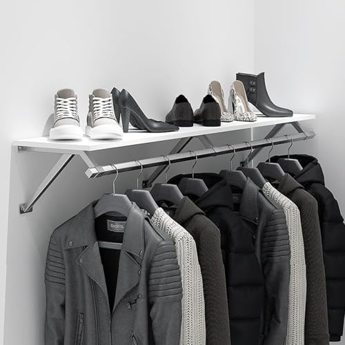 Wall Mounted Clothes Rack with Top Shelf, Heavy Duty Stainless Steel Industrial Clothing Rack ，Metal Shelf Multi-Purpose Hanging Rod，Space-Saving Closet Storage for Bedroom Laundry Room by Unknown
