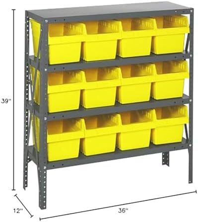 Quantum 1239-SB807YL Heavy Duty Shelving Unit with (4) Shelves and (12) QSB807 Yellow Bins for Warehouse Storage Distribution | 400 lbs Capacity per Shelf | 12"D x 36"L x 39"H, Galvanized Steel Finish - Image 2