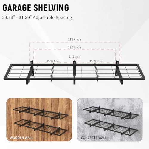 Garage Wall Shelves, 46"X12.5" Garage Shelving Wall Mounted, Heavy Duty Shelf Storage Rack with 4 Hooks, Black Organizer Floating Metal Shelf 160 LBS Capacity for Office, Basement, Laundry Room - Image 6