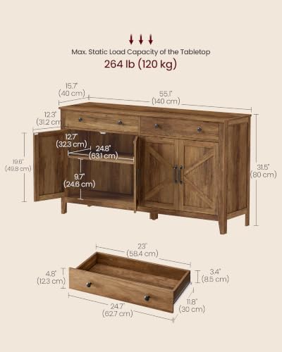 VASAGLE Farmhouse Buffet Cabinet, Coffee Bar with 2 Drawers - Image 2