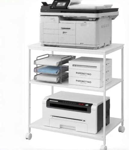 EMERIT 3-Tier Printer Stand for Laser/Inkjet/All-in-One - 23.6x18.9x31.5 Heavy Duty Cart w/Adjustable Shelves & Lockable Wheels, Storage for Scanner/Fax/Supplies - Industrial Home & Office by eMeritDirect