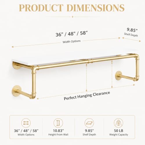 36 Inch Industrial Pipe Clothing Rack with Shelves, Gold Wall Clothes Racks - Image 4
