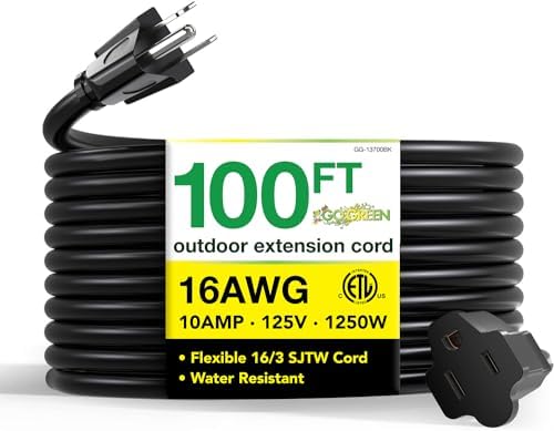 Go Green Power Inc. 16/3 100ft Black Outdoor Extension Cord - Heavy Duty, Moisture Resistant - Perfect for Tools & Equipment - GG-13700BK by PowerByGoGreen