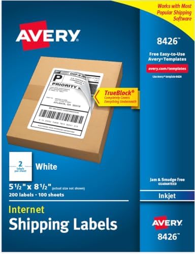 Avery Printable Shipping Labels, 5.5" x 8.5" Customizable Stickers, White, 200 Blank Mailing Labels, Great for Mailing, Shipping, Organizing, and More (8426) One Size (Pack of 5) by Avery