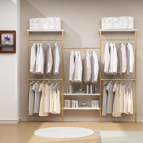 HOMEKAYT Industrial Pipe Clothes Rack with Shelves, Gold Clothing Rack Wall Mounted Heavy Duty Multi-Purpose Storage Clothes Hanging Shelf - 94.5''L Gold - Image 7