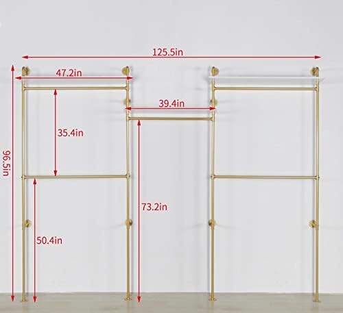 Industrial Pipe Clothing Rack Wall Mounted 5 Hanging Rods Garment Bar with Storage Shelf, Heavy Duty Metal Clothes Racks Closet System for Hanging Clothes Retail Display (Gold) - Image 3